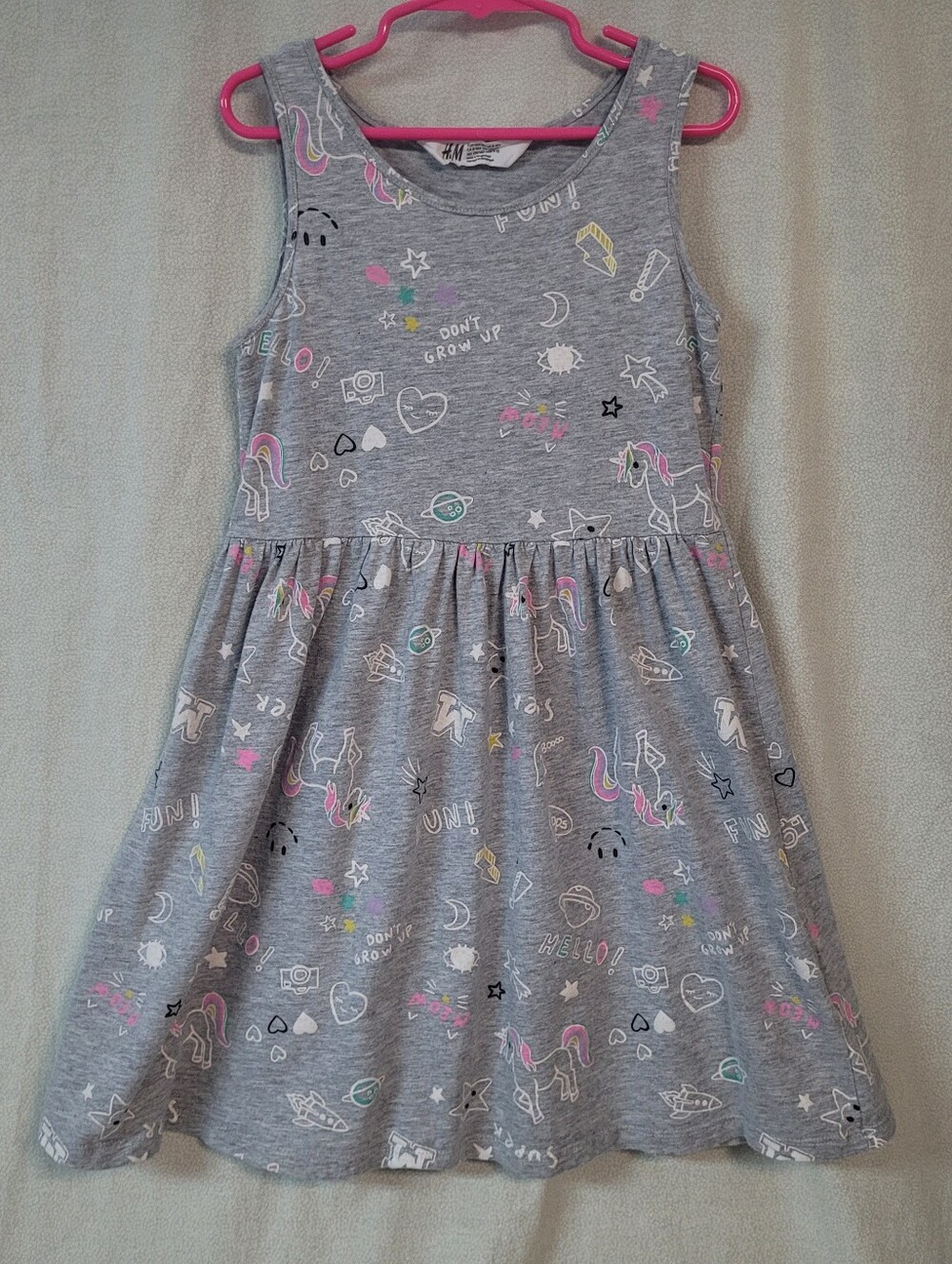 H&M Girl's 8-10 Yrs Grey Sleeveless Unicorn Doodle Dress, Pink Accents, Summer